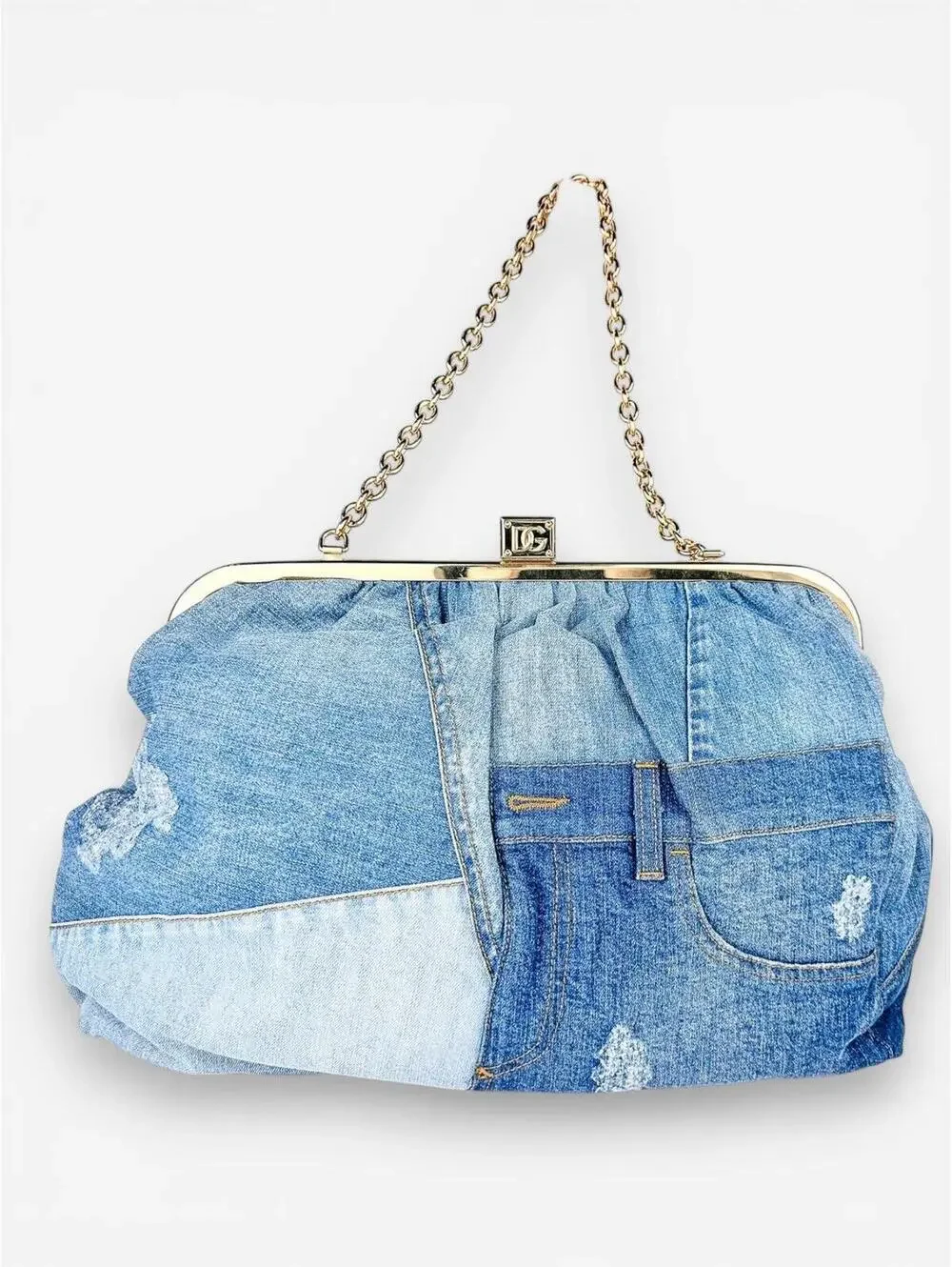 Dolce & Gabbana Patchwork Denim Frame Bag Gold Chain | Rare Collector NWT - Picture 4 of 9